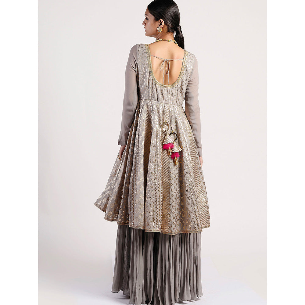 Rishi & Vibhuti Grey Chanderi Embellished Dress With Dupatta (Set of 2)