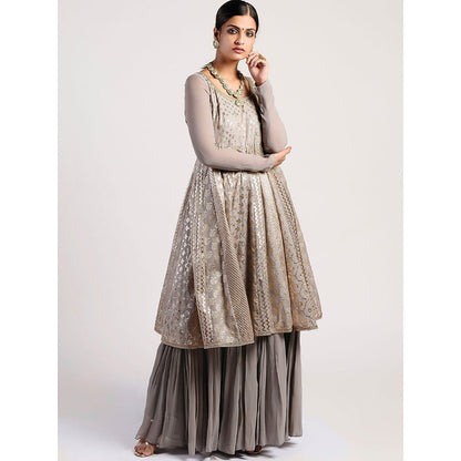Rishi & Vibhuti Grey Chanderi Embellished Dress With Dupatta (Set of 2)