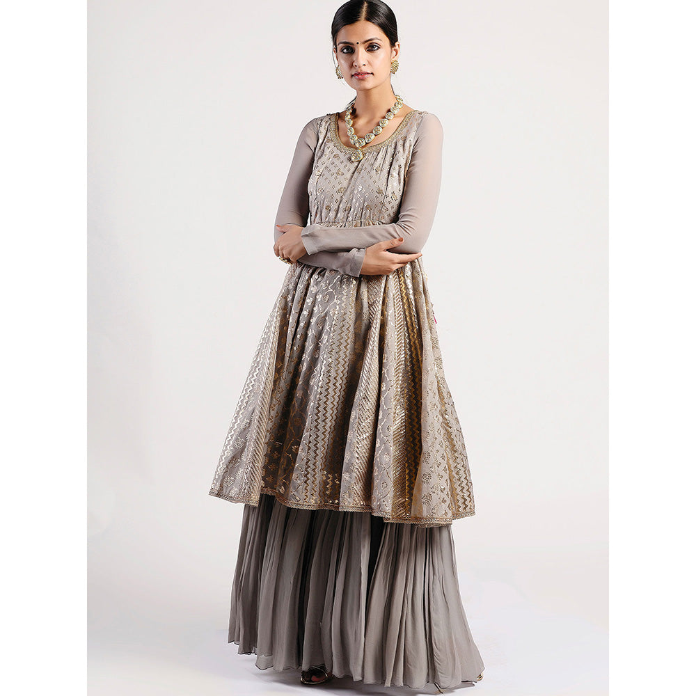 Rishi & Vibhuti Grey Chanderi Embellished Dress With Dupatta (Set of 2)