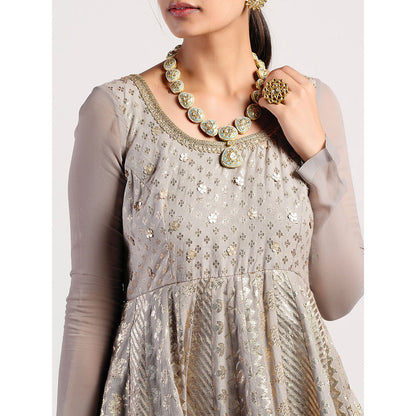 Rishi & Vibhuti Grey Chanderi Embellished Dress With Dupatta (Set of 2)