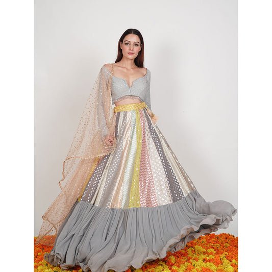 Rishi & Vibhuti Grey Seerat Embellished Lehenga With Blouse & Dupatta (Set of 3)