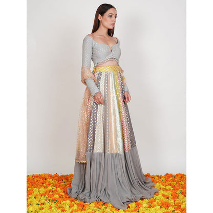 Rishi & Vibhuti Grey Seerat Embellished Lehenga With Blouse & Dupatta (Set of 3)