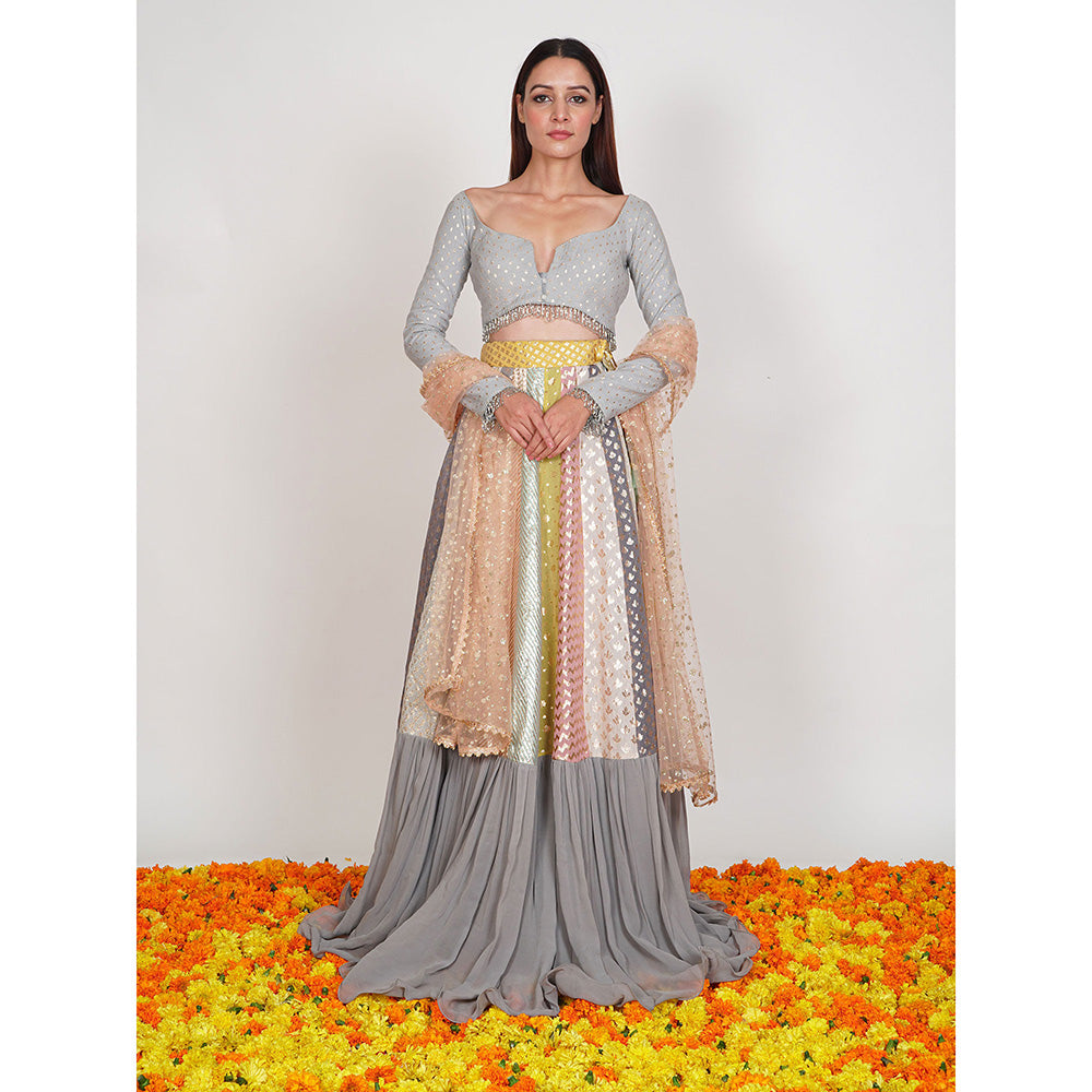 Rishi & Vibhuti Grey Seerat Embellished Lehenga With Blouse & Dupatta (Set of 3)
