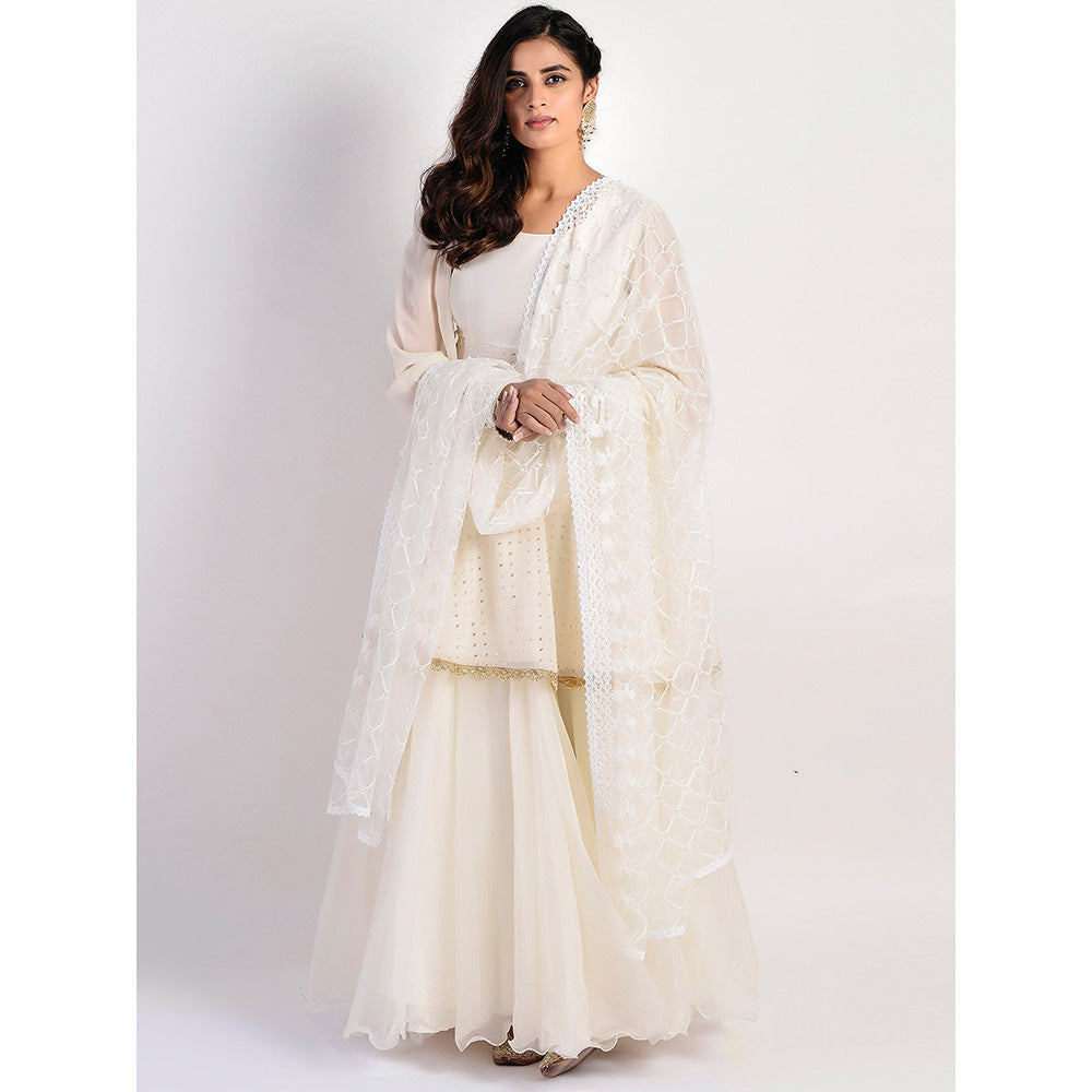 Rishi & Vibhuti Ivory Embellished Kurta And Lehenga With Dupatta (Set of 3)