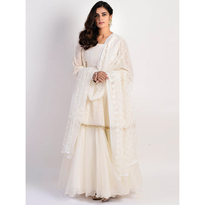 Rishi & Vibhuti Ivory Embellished Kurta And Lehenga With Dupatta (Set of 3)