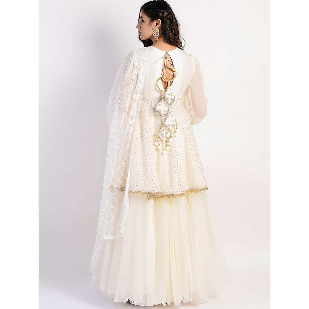 Rishi & Vibhuti Ivory Embellished Kurta And Lehenga With Dupatta (Set of 3)