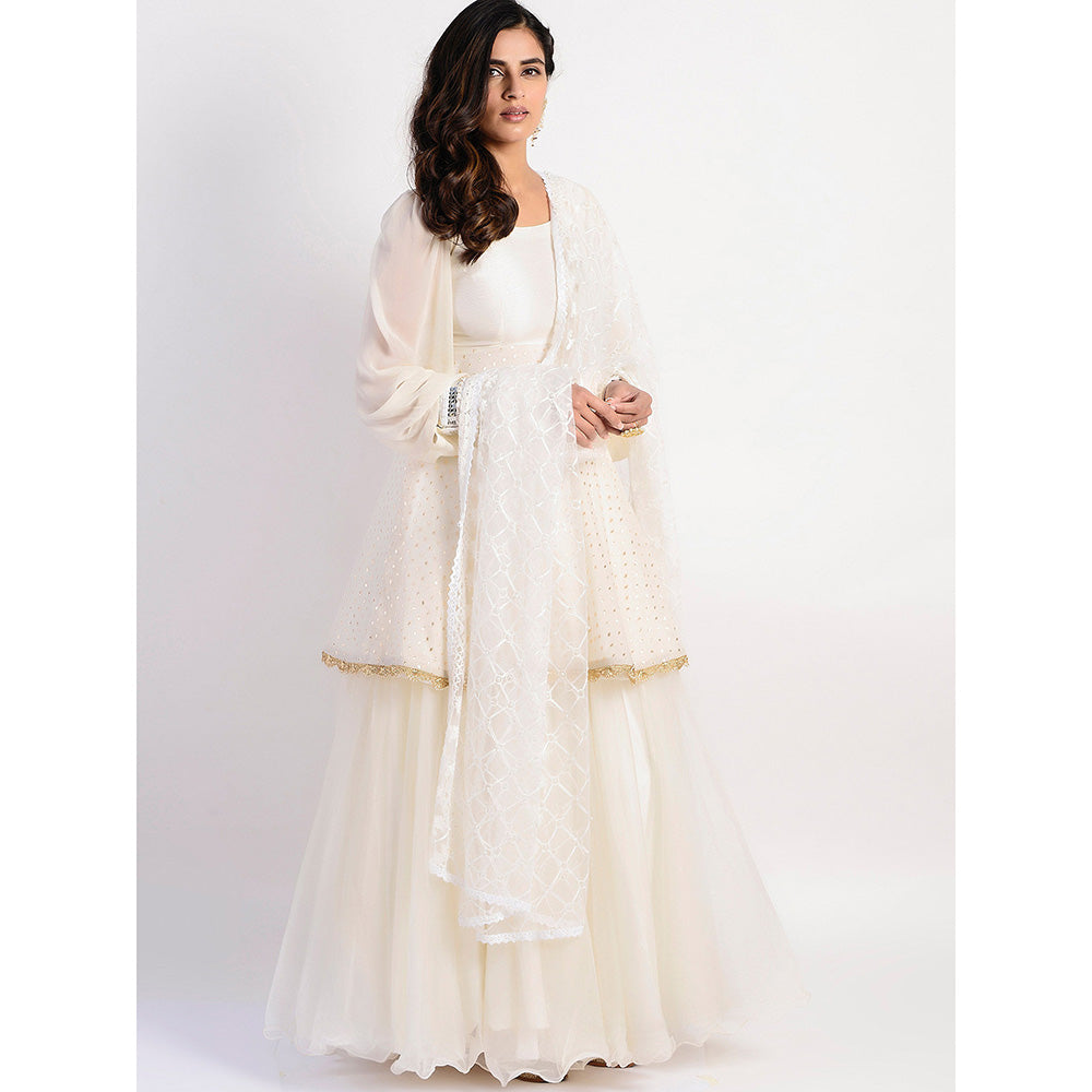 Rishi & Vibhuti Ivory Embellished Kurta And Lehenga With Dupatta (Set of 3)