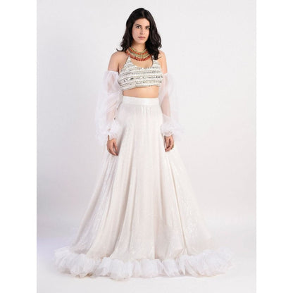 Rishi & Vibhuti White Embellished Blouse And Lehenga With Detachable Sleeves (Set of 3)