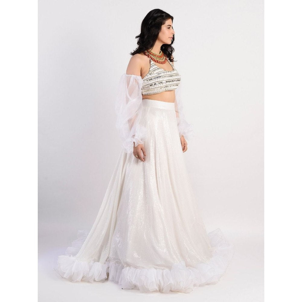 Rishi & Vibhuti White Embellished Blouse And Lehenga With Detachable Sleeves (Set of 3)