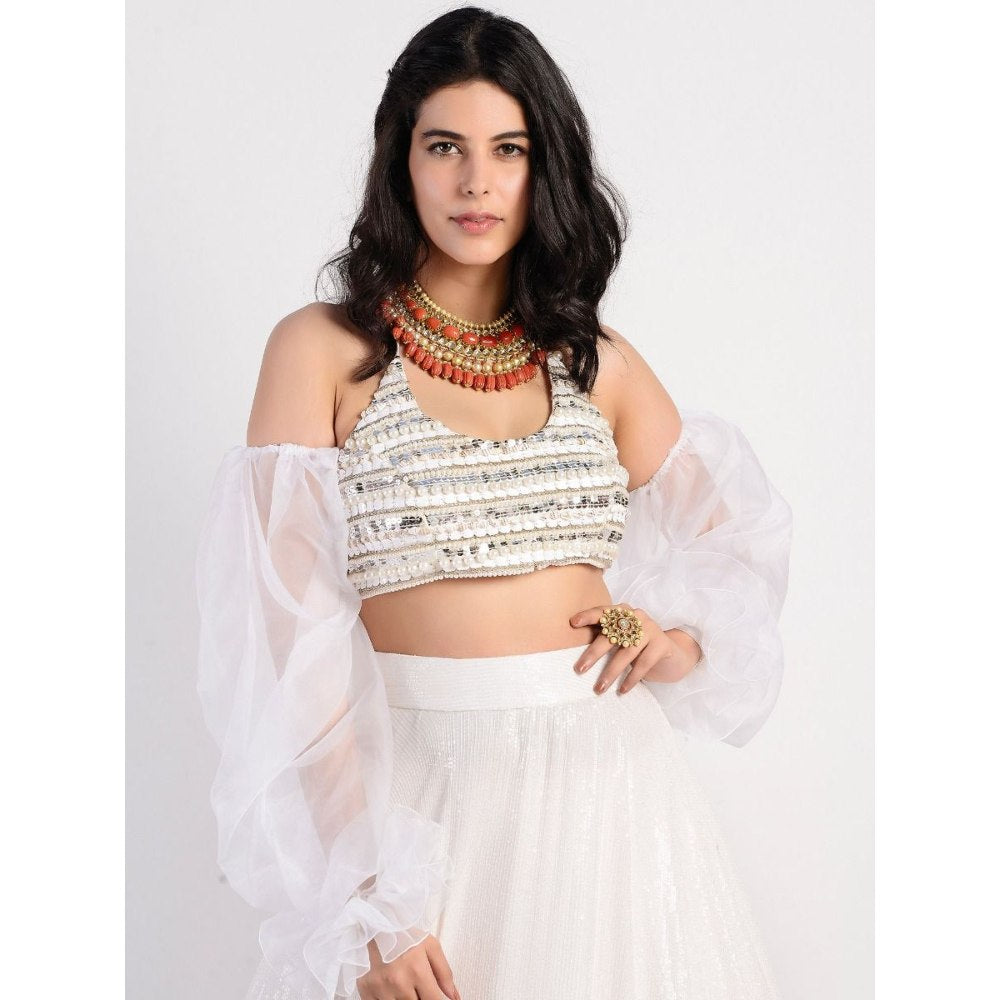 Rishi & Vibhuti White Embellished Blouse And Lehenga With Detachable Sleeves (Set of 3)