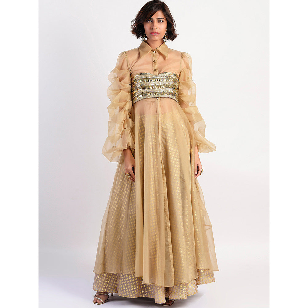 Rishi & Vibhuti Gold Embellished Blouse And Lehenga And Cape (Set of 3)