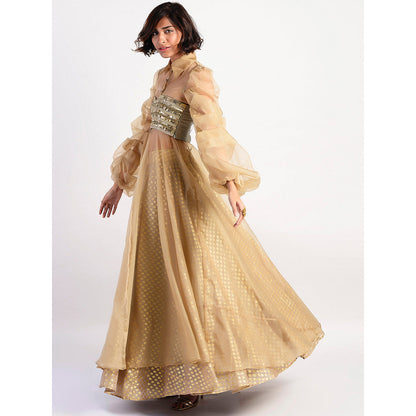 Rishi & Vibhuti Gold Embellished Blouse And Lehenga And Cape (Set of 3)