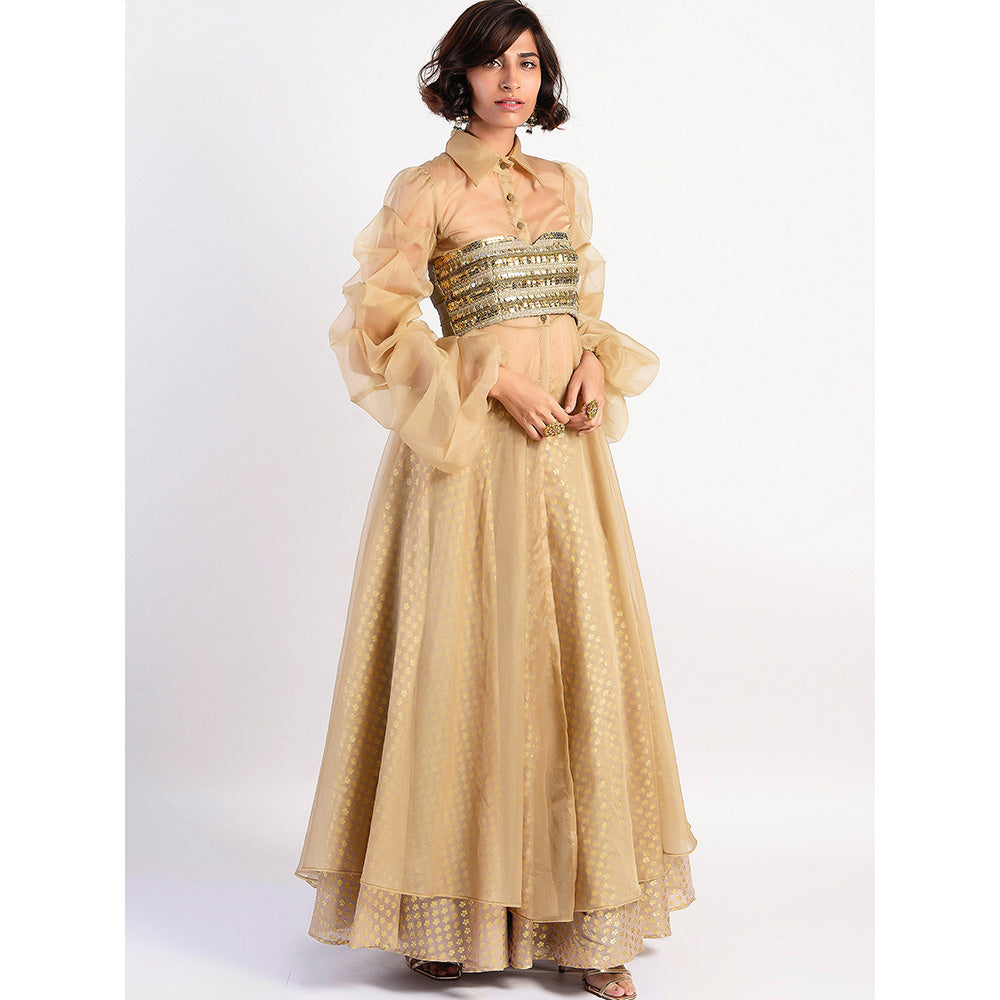 Rishi & Vibhuti Gold Embellished Blouse And Lehenga And Cape (Set of 3)