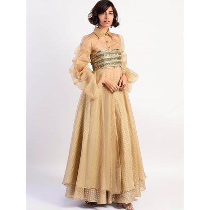 Rishi & Vibhuti Gold Embellished Blouse And Lehenga And Cape (Set of 3)