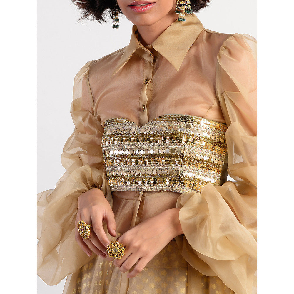 Rishi & Vibhuti Gold Embellished Blouse And Lehenga And Cape (Set of 3)