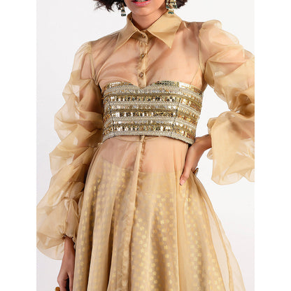 Rishi & Vibhuti Gold Embellished Blouse And Lehenga And Cape (Set of 3)