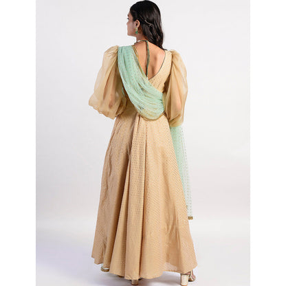 Rishi & Vibhuti Gold Printed Anarkali And Dupatta (Set of 2)