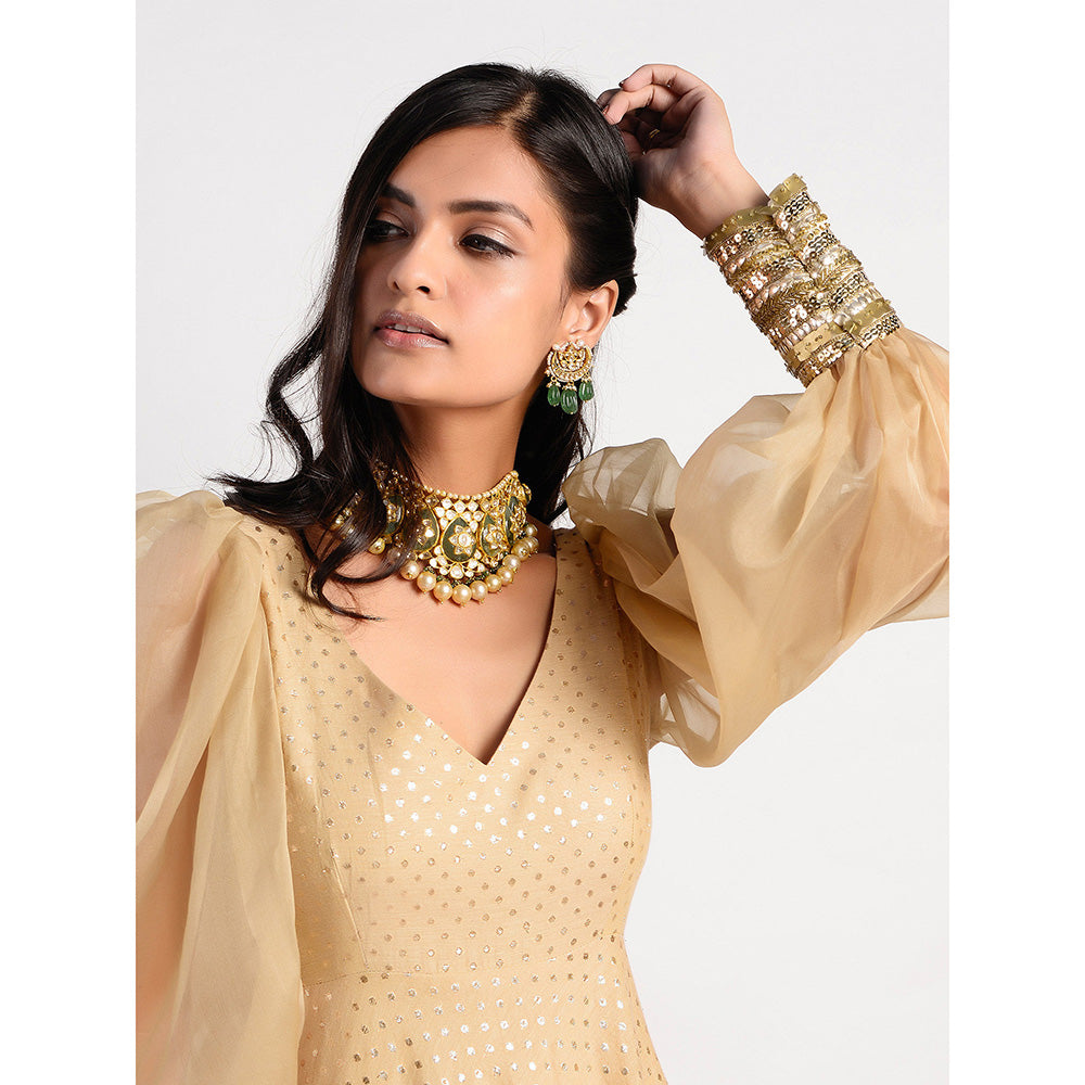 Rishi & Vibhuti Gold Printed Anarkali And Dupatta (Set of 2)