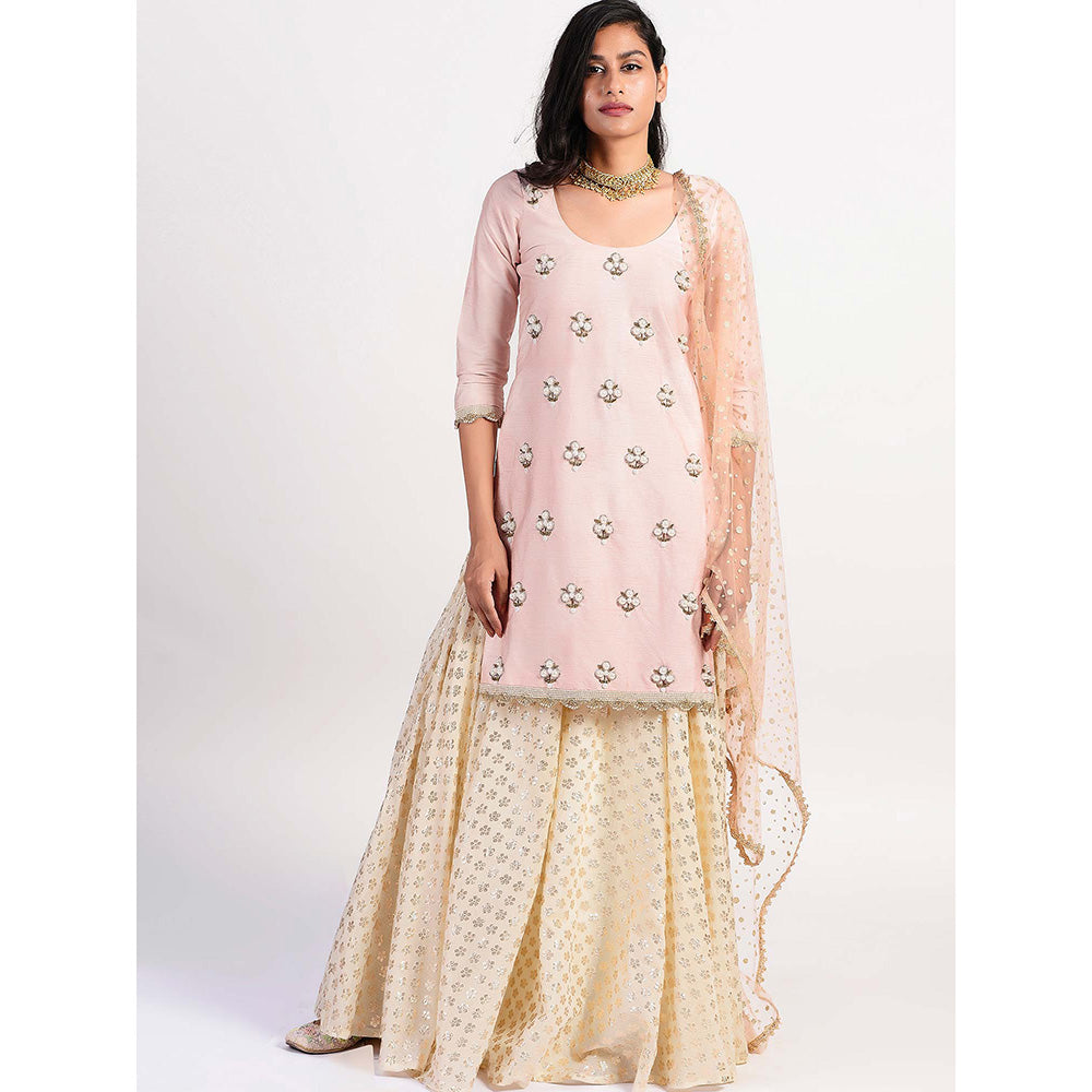 Rishi & Vibhuti Pink Embellished Kurta And Skirt With Dupatta (Set of 3)