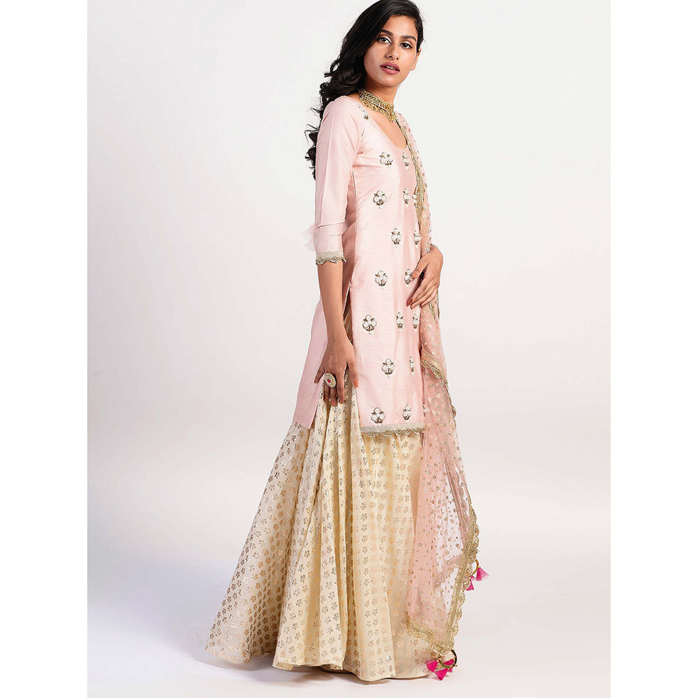 Rishi & Vibhuti Pink Embellished Kurta And Skirt With Dupatta (Set of 3)