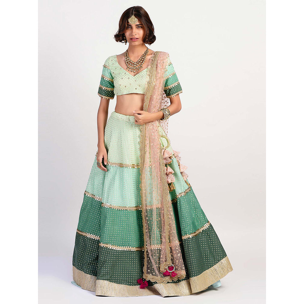 Rishi & Vibhuti Green Mirror Work Blouse And Lehenga With Dupatta (Set of 3)