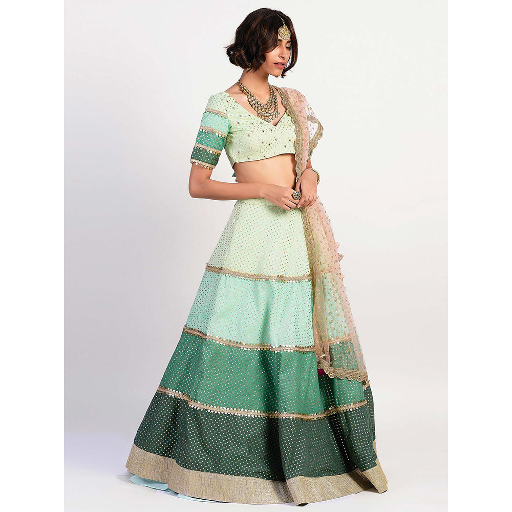 Rishi & Vibhuti Green Mirror Work Blouse And Lehenga With Dupatta (Set of 3)