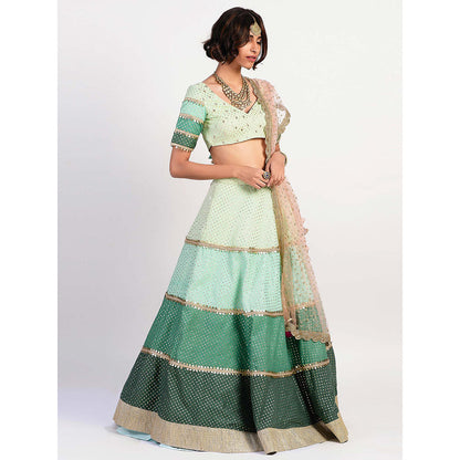 Rishi & Vibhuti Green Mirror Work Blouse And Lehenga With Dupatta (Set of 3)