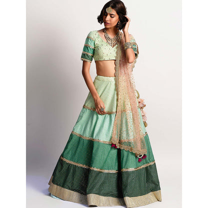 Rishi & Vibhuti Green Mirror Work Blouse And Lehenga With Dupatta (Set of 3)