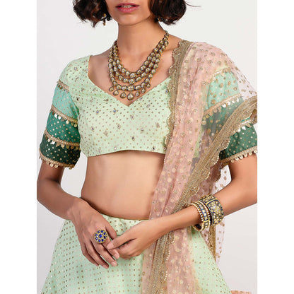 Rishi & Vibhuti Green Mirror Work Blouse And Lehenga With Dupatta (Set of 3)