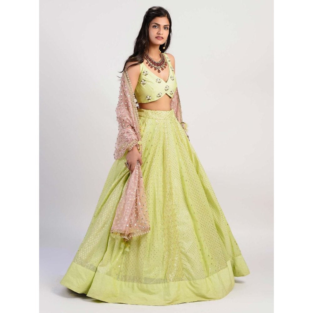 Rishi & Vibhuti Green Embellished Blouse And Lehenga With Dupatta (Set of 3)
