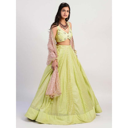Rishi & Vibhuti Green Embellished Blouse And Lehenga With Dupatta (Set of 3)