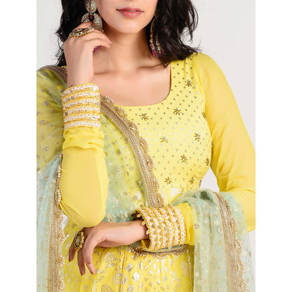 Rishi & Vibhuti yellow Printed Anarkali And Dupatta (Set of 2)