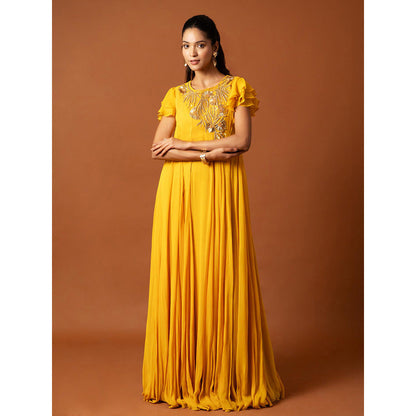 Ritambh by Rishi & Sachin Rosa Yellow Frill Gown