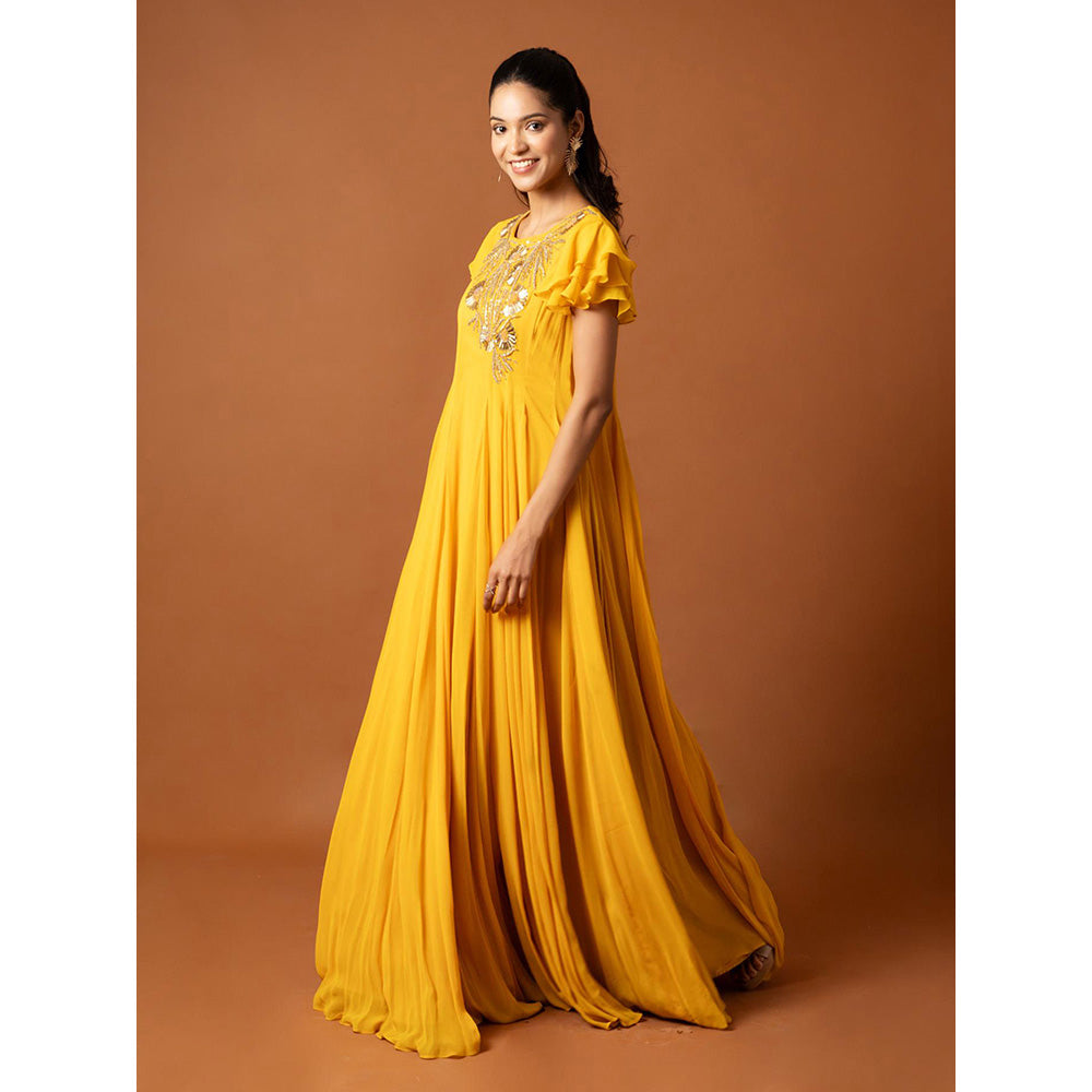 Ritambh by Rishi & Sachin Rosa Yellow Frill Gown