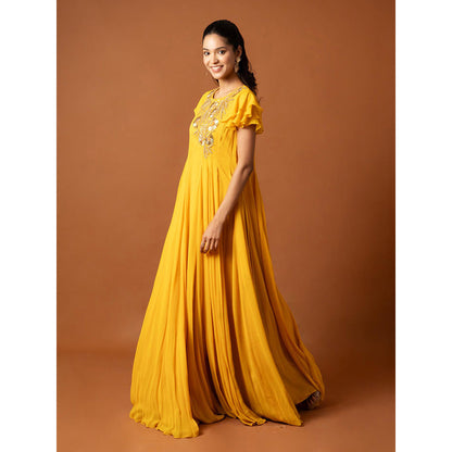 Ritambh by Rishi & Sachin Rosa Yellow Frill Gown