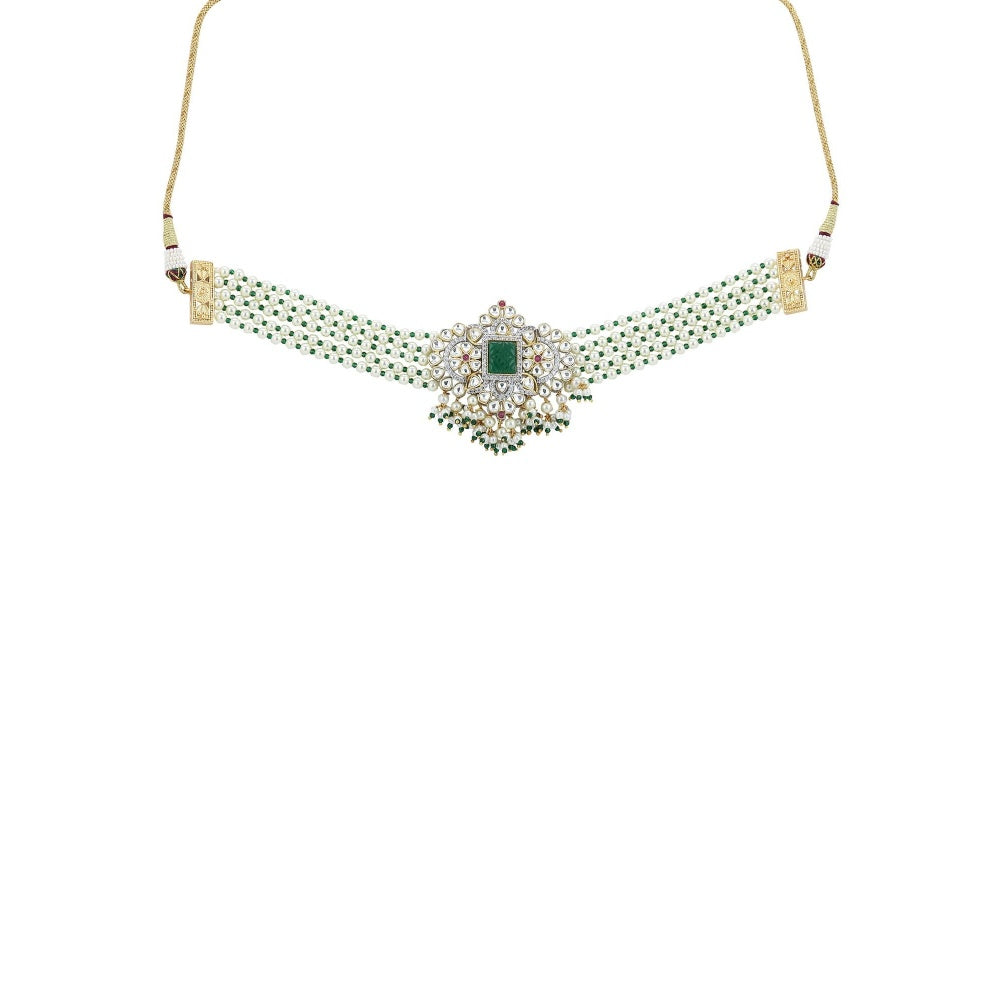 Ritu Singh Kundan Choker with Green Stone and Layered Pearl Strings