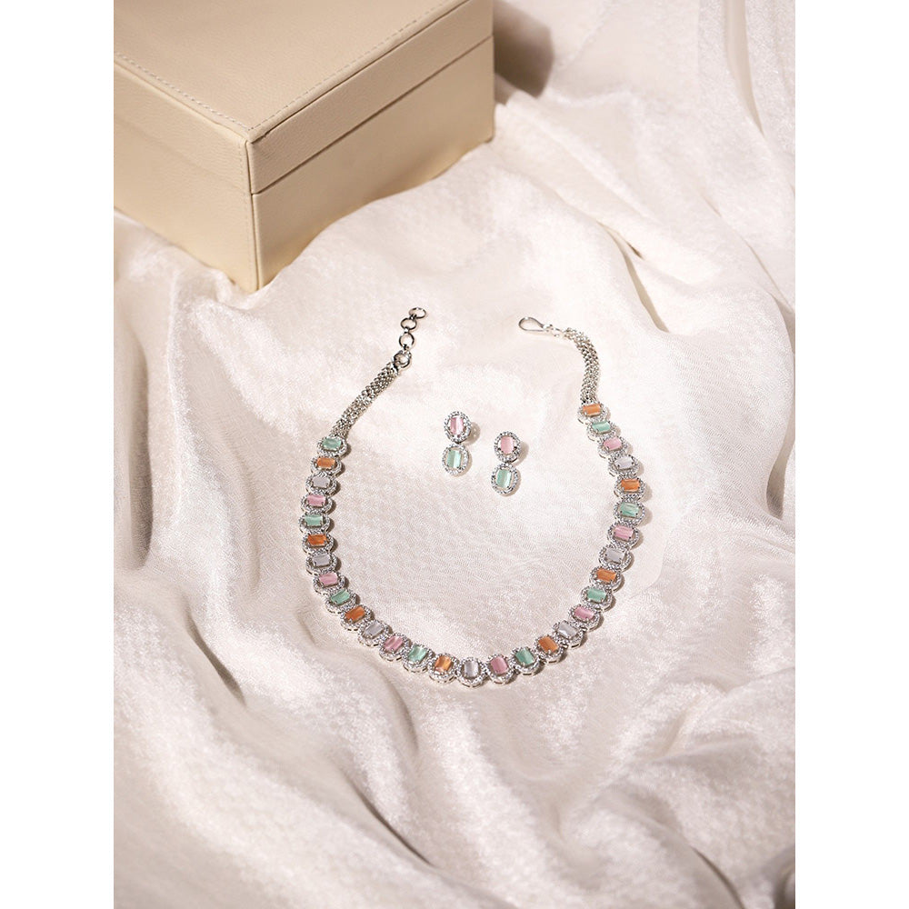 Ritu Singh Silver Tone Multi Diamond and Semi Precious Stone Neckpiece with Earrings