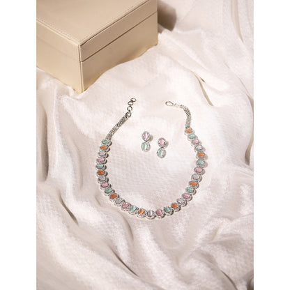 Ritu Singh Silver Tone Multi Diamond and Semi Precious Stone Neckpiece with Earrings