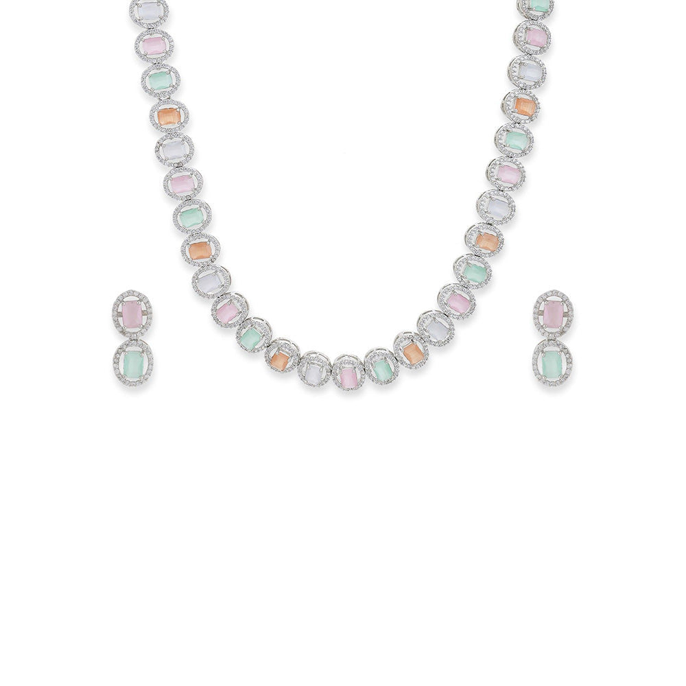 Ritu Singh Silver Tone Multi Diamond and Semi Precious Stone Neckpiece with Earrings