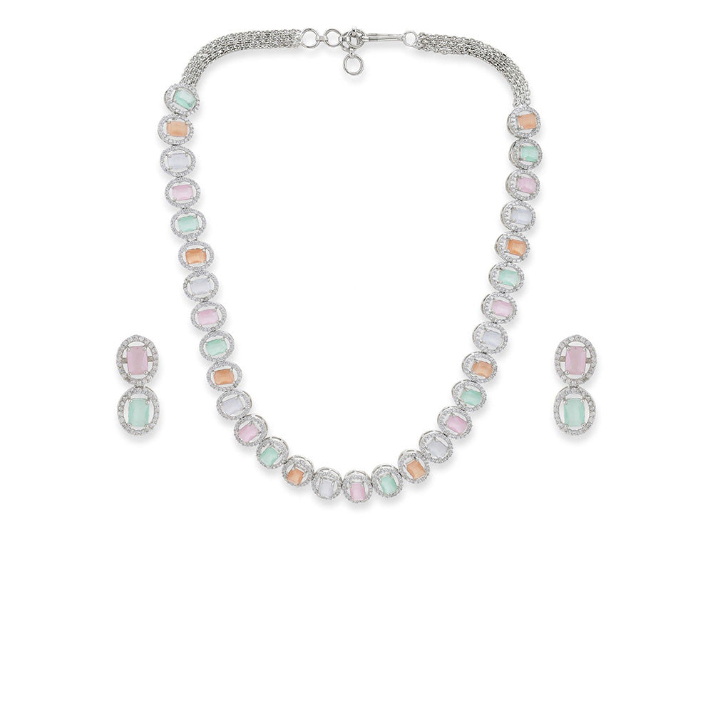 Ritu Singh Silver Tone Multi Diamond and Semi Precious Stone Neckpiece with Earrings