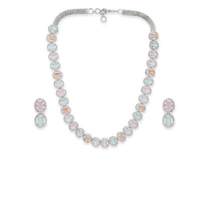 Ritu Singh Silver Tone Multi Diamond and Semi Precious Stone Neckpiece with Earrings