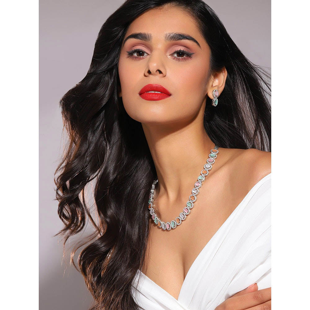 Ritu Singh Silver Tone Multi Diamond and Semi Precious Stone Neckpiece with Earrings
