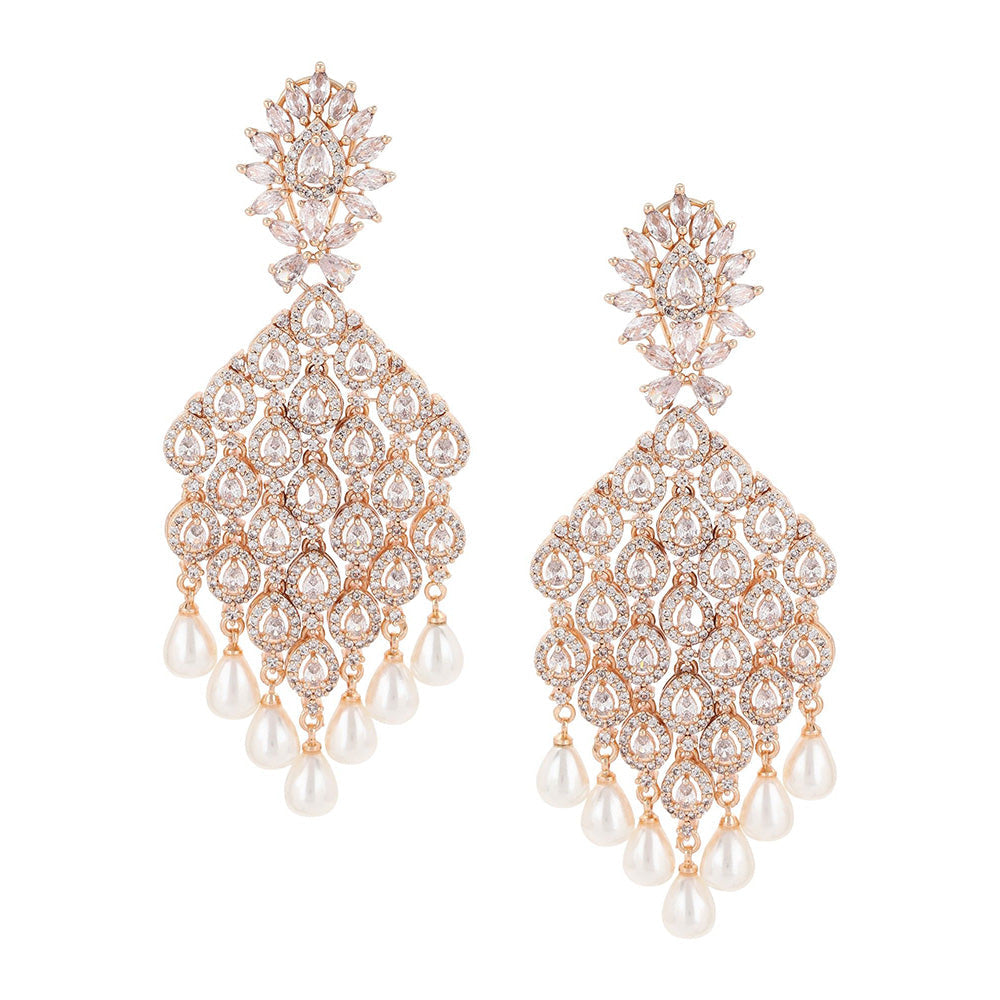 Ritu Singh Rose Gold Jhallar Diamond Earrings with Pearls