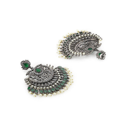 Ritu Singh Green Diamond Chand Earrings with Pearls