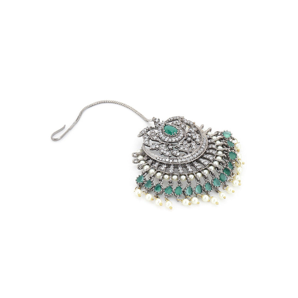 Ritu Singh Green Stone and Diamond Pearl Maang Tikka
