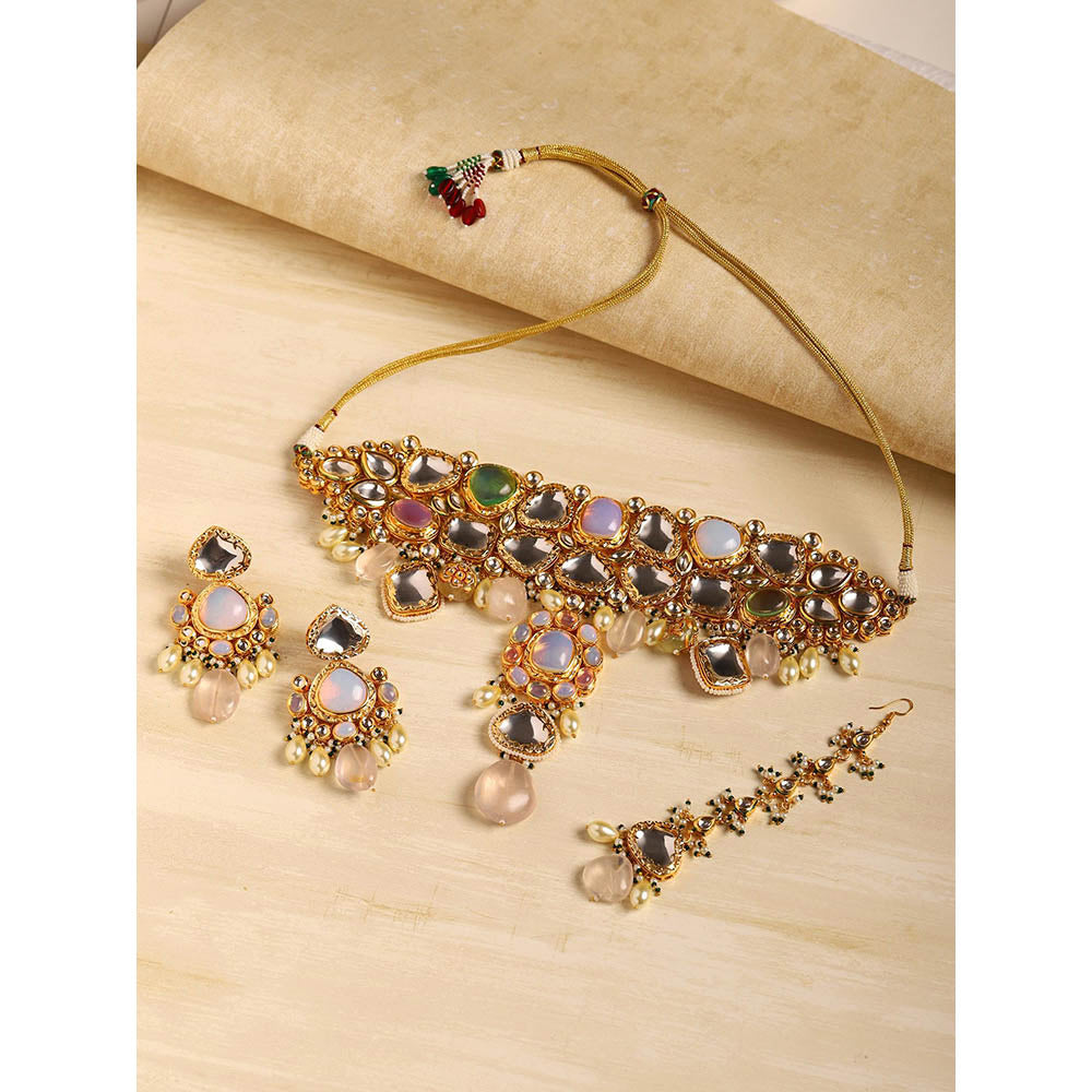 Ritu Singh Gold Plated White and Pink Kundan Studded Beaded Jewellery Set
