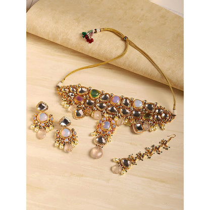 Ritu Singh Gold Plated White and Pink Kundan Studded Beaded Jewellery Set