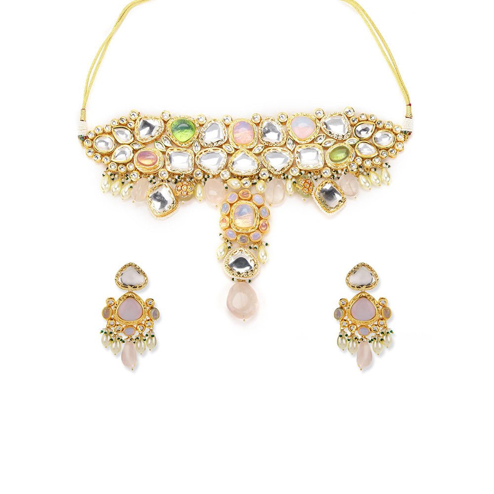 Ritu Singh Gold Plated White and Pink Kundan Studded Beaded Jewellery Set