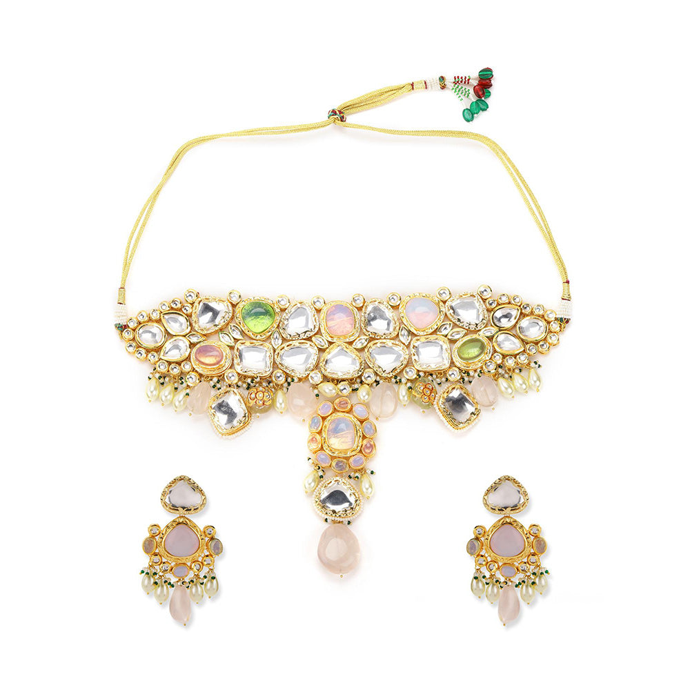Ritu Singh Gold Plated White and Pink Kundan Studded Beaded Jewellery Set