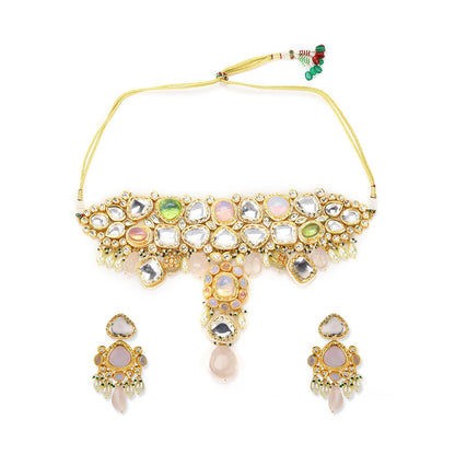 Ritu Singh Gold Plated White and Pink Kundan Studded Beaded Jewellery Set
